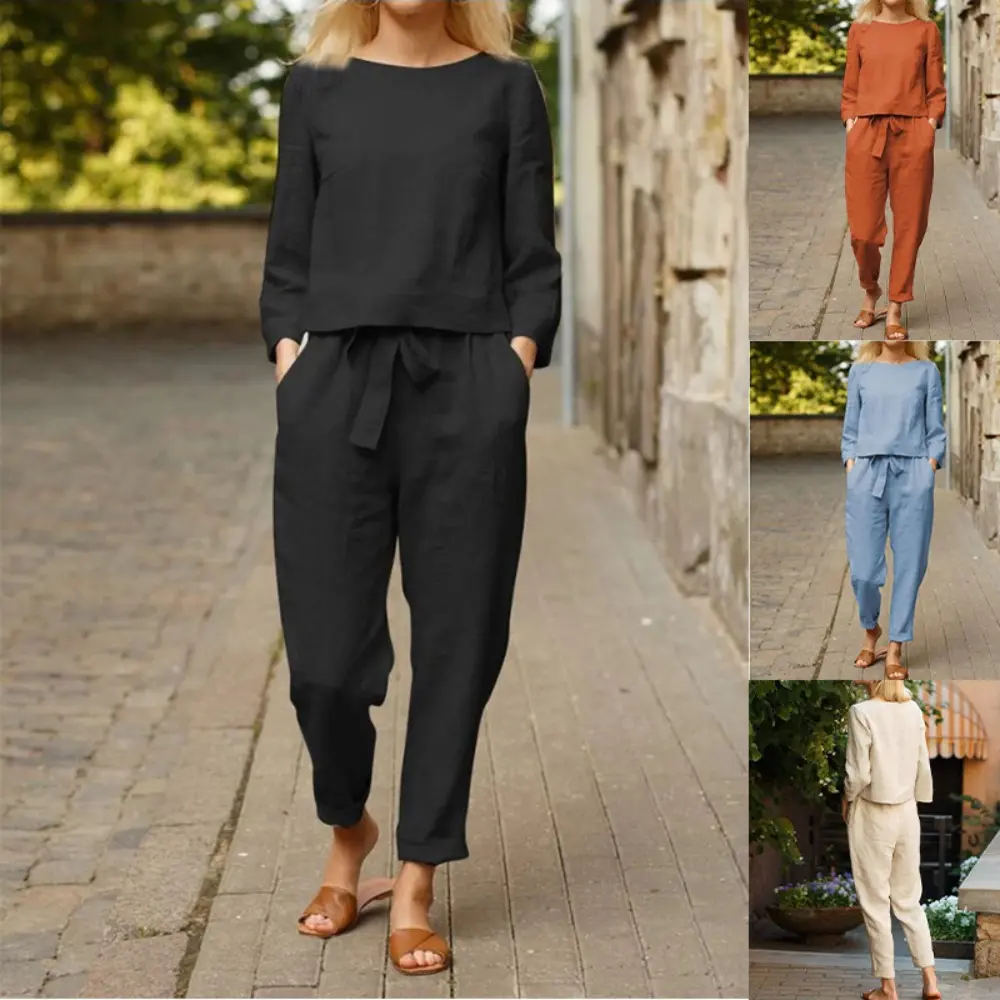 Women's Comfortable Loose Cotton Linen Suit Casual Vintage Solid Color Top and Drawstring Wide Leg Long Pants Two Piece Set