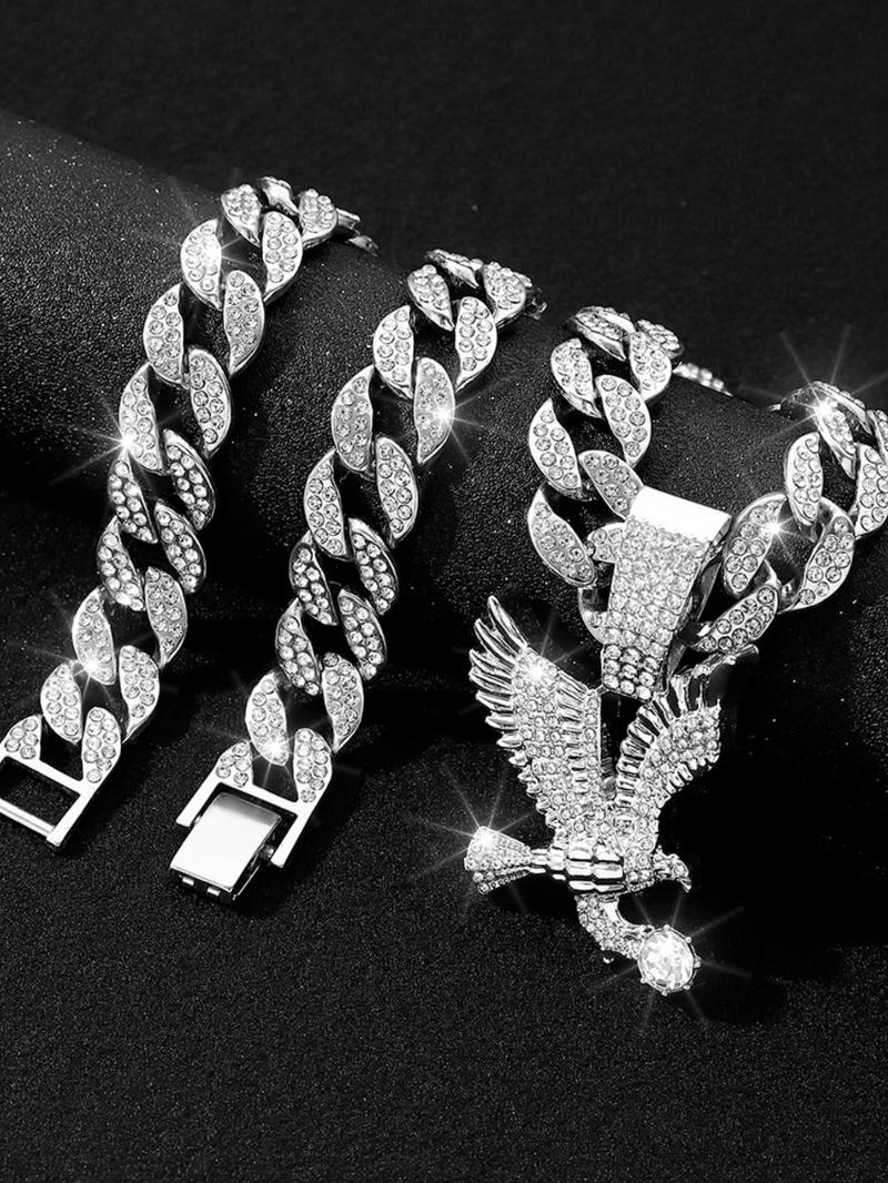 Product Introduction of Rhinestone Eagle Decor Pendant Necklace for Women & Men, Fashion Cuban Link Chain Jewelry for Party, Daily Clothing Decor, Classic Punk Accessories for Daily Wear 17