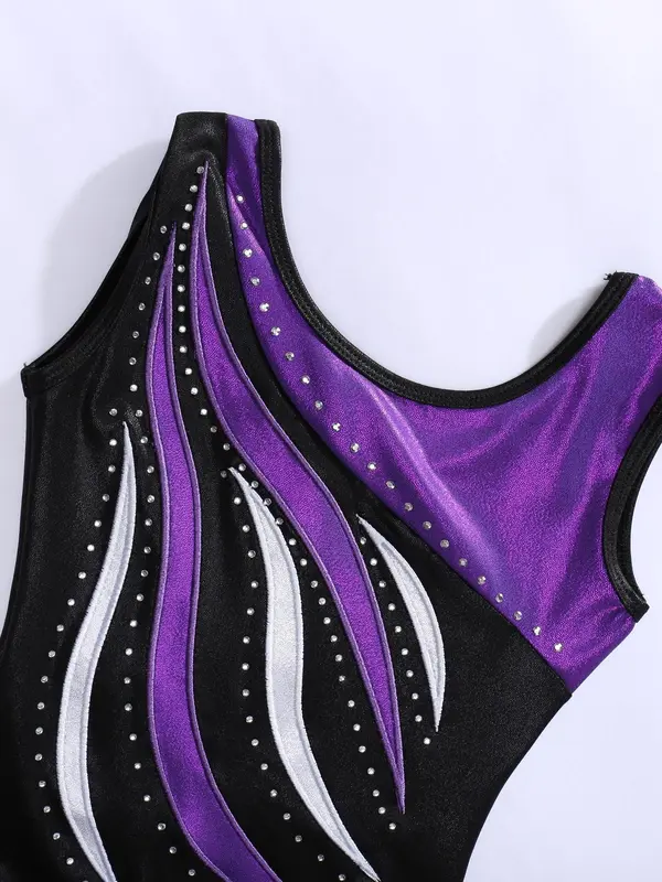 Girl's Colorblock Print Romper, Sporty Comfy Breathable Sleeveless Dance Romper for Gymnastics, Kids Dancewear for All Seasons 2