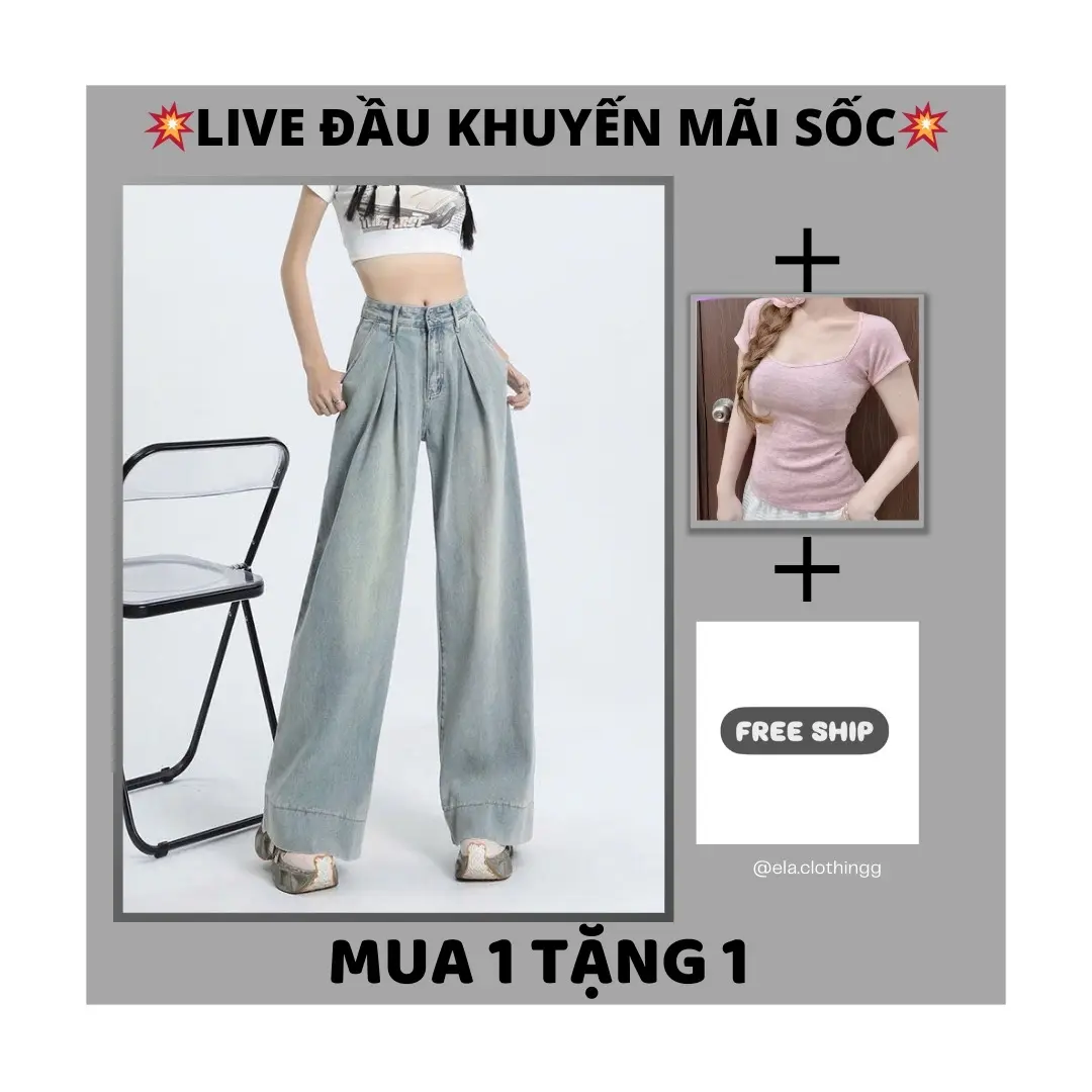 ELa Clothing- Quần Jean Nữ Ống Rộng Xếp Ly Trước Phong Cách Hàn Quốc Tôn Dáng Dễ Phối Đồ-QC Women Pants