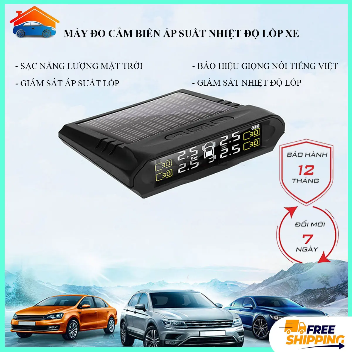 Cảm Biến Áp Suất Lốp Ô Tô Cảnh Báo Giọng Nói Tiếng Việt, Pin Năng Lượng Mặt Trời - Bộ Áp Suất Giám Sát Lốp Xe Ô Tô. Bảo Hành 12 Tháng Toàn Quốc, Đổi Mới 7 Ngày Nếu Lỗi.