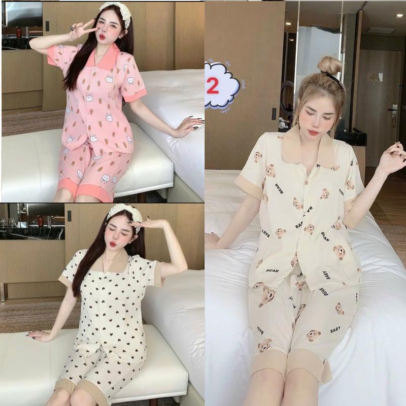 Combo 3 Bộ Pijama Nữ Áo Cộc-Quần Lửng Đồ ngủ Pijama - Họa Tiết Phối Viền- Phù Hợp Mặc Nhà Nhà- Nữ Women