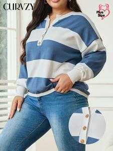 CURVZY Plus Size Colorblock Striped Print Button Front Sweater, Casual Drop Shoulder Long Sleeve Notched Neck Jumper for Fall & Winter, Women's Clothing for Daily Wear