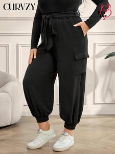CURVZY Plus Size Solid Belted Pocket Jogger Pants, Casual Comfy Trousers for Daily Wear, Women's Bottoms for All Seasons
