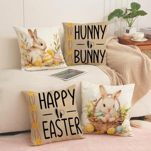 Easter Rabbit & Egg Pattern Cushion Cover, 4 Counts/set Square Throw Pillow Cover without Filler, Household Decoration Supplies for Home Living Room Bedroom