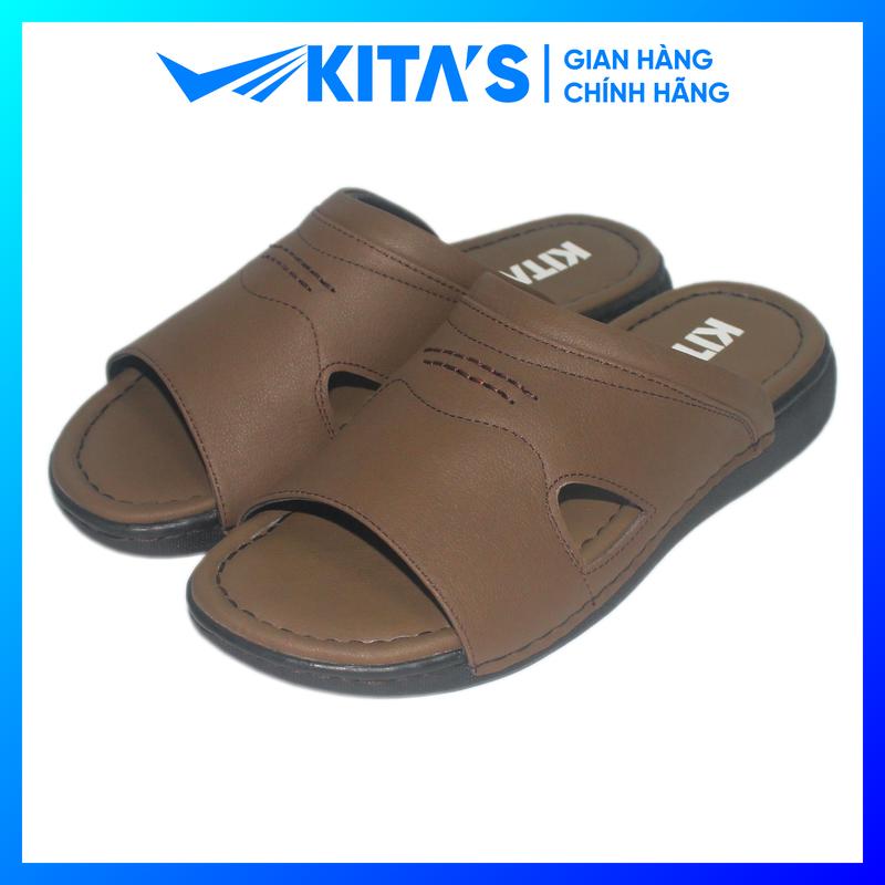 Dép Quai Ngang Nam KITAS 089-D01 - Da Bò Thật - Đế Cao Su - May Đế - Màu Đen Nâu Rêu - Size 38 39 40 41 42 43 44 45 46