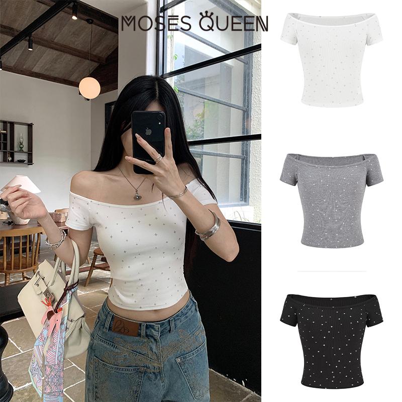 Áo Thun Ngắn Tay Đeo Vai Kim Cương, MosesQueen, Phong Cách Cổ Điển Mỹ, Bán Chạy, Áo Bó Sát Eo, Hàng Mới Về Mùa Hè 2025, Dáng Ôm, Áo Nữ, Trang Phục Cô Gái Nóng Bỏng Gợi Cảm, Phong Cách # 63089