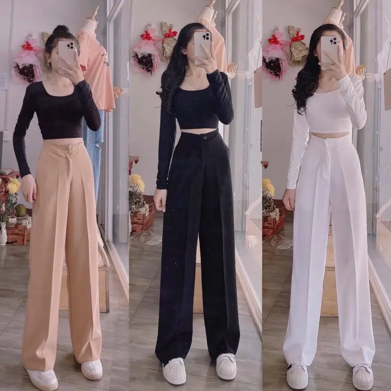 Quần Culottes Ống Rộng Lưng Cao Khóa Trước Chất Tuyết Mưa - Nữ, Women