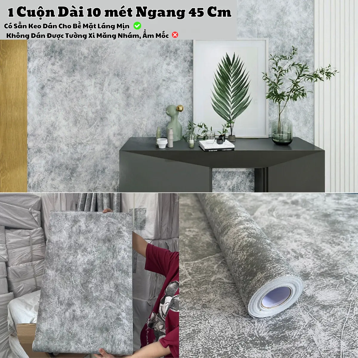 giấy dán tường màu xi măng, decal dán tường dài 10 mét ngang 45 cm, giấy mỏng có sẵn keo dán cho bề mặt láng mịn