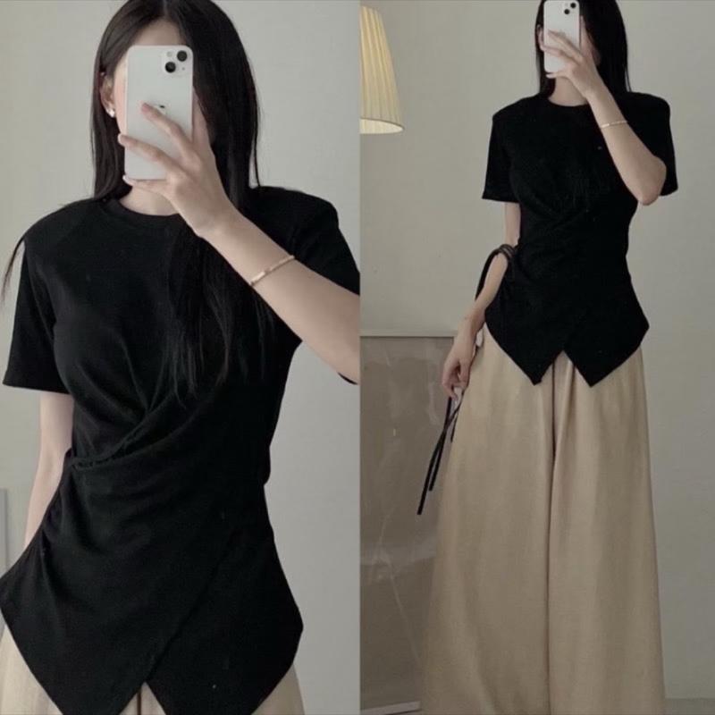 Áo thun nữ cộc tay nhún eo vạt chéo xoắn Eo Cổ Tròn Women Top Cotton Voi Kem XOẮN EO