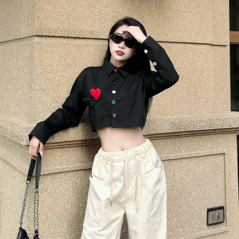 Aó Sơ Mi Nữ Dài Tay croptop CÚC NHIỀU MÀU Shirt Women Áo Cổ Tròn