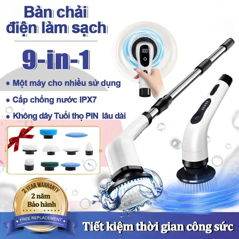 Chổi Cọ Điện Sạch không dây (9 đầu cọ)Chổi Cọ Bồn Cầu Đa Năng,Máy Chà Sàn Không Dây - Bàn Chải Làm Sạch Siêu Mạnh