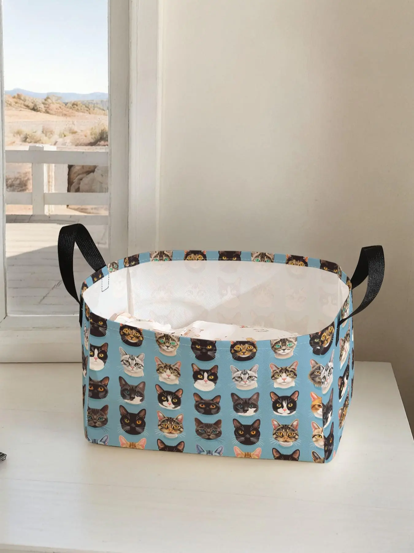 Cat Pattern Storage Basket with Handle, Multi-functional Storage Basket, Foldable Clothes Storage Basket, Home Organizer for Living Room, Bathroom, Kitchen