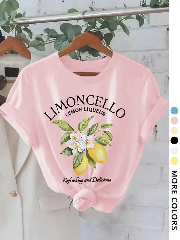 Women's Lemon & Letter Print Round Neck Tee, Vintage Trendy Casual Crewneck Short Sleeve T-shirt for Daily Wear, Ladies Summer Top, Fitted Womenswear 4