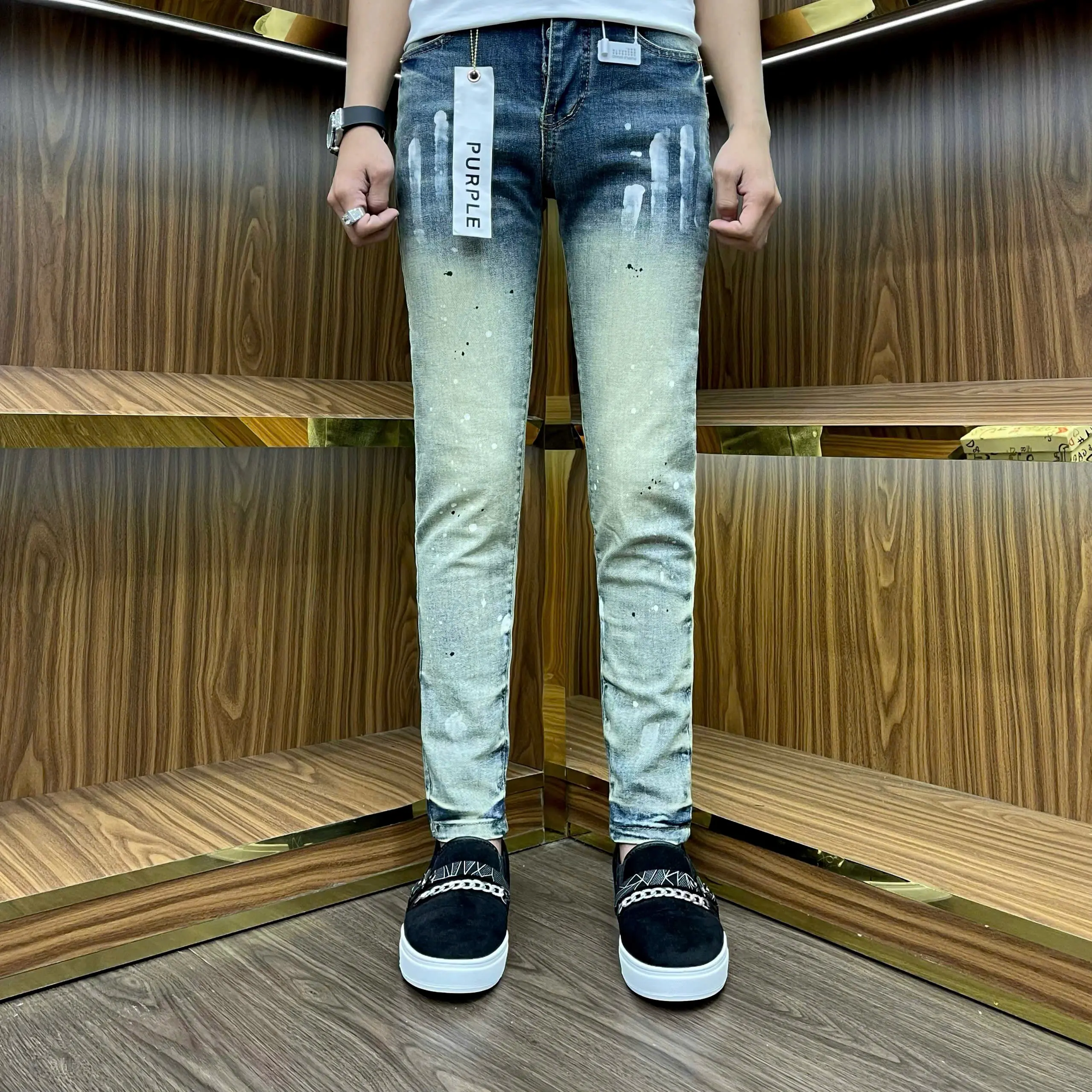 quần jeans nam xanh pơ pồ vàng vảy sơn bốn cúc tang lụa