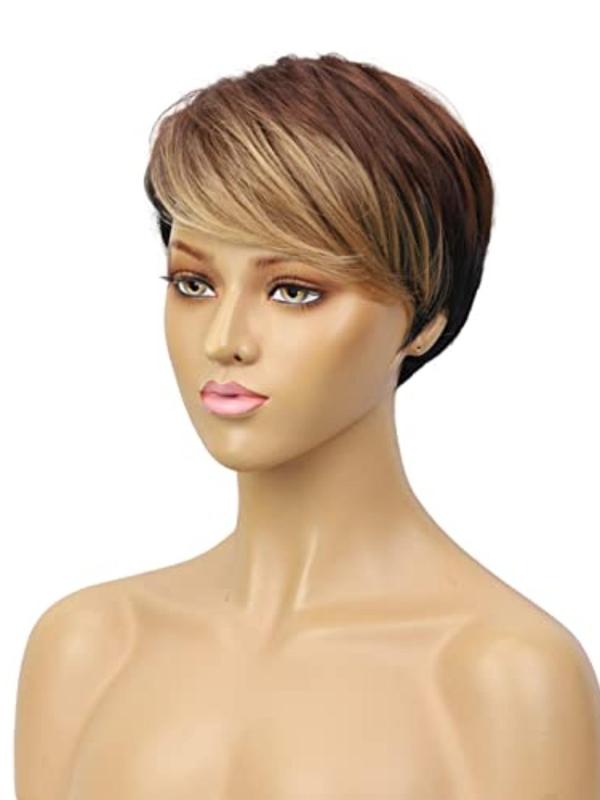 Short Straight Ombre Hair Wigs for Black Women, Heat Resistant Wigs with Bangs, Synthetic Full Machine Wigs for Party, Daily Use 4