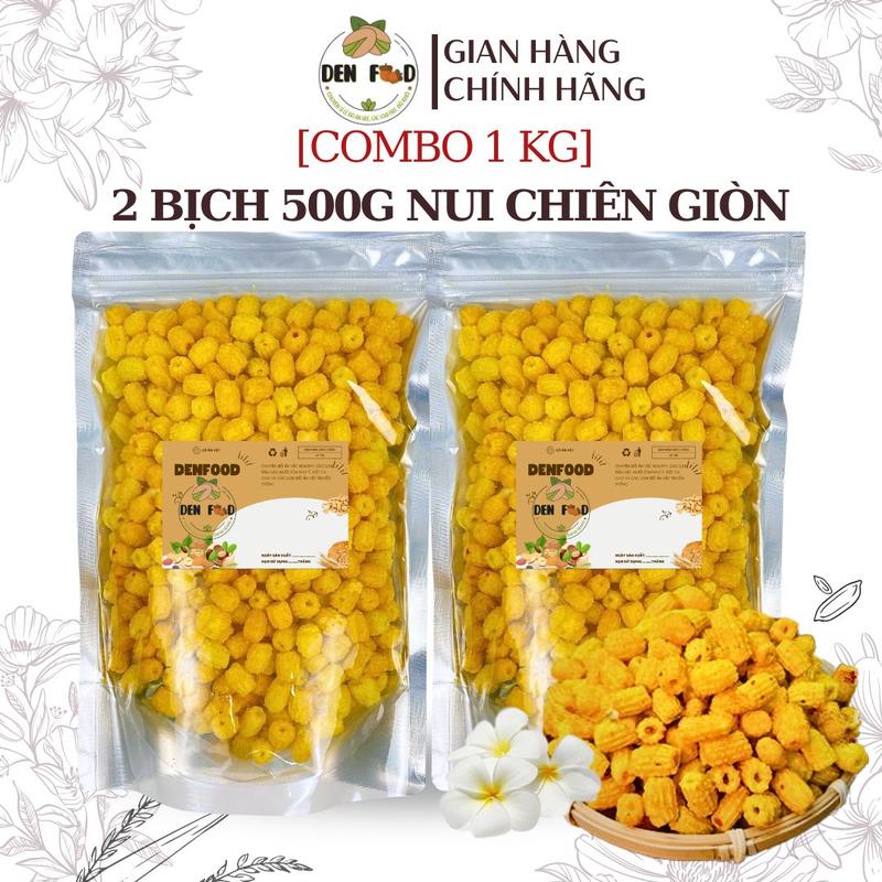 Combo 1kg Nui Chiên Giòn Tẩm Bơ Mắm Tỏi Siêu Ngon - Bịch 500gr Cay Snack Ăn Vặt Denfood Bim Bim Thức Ăn