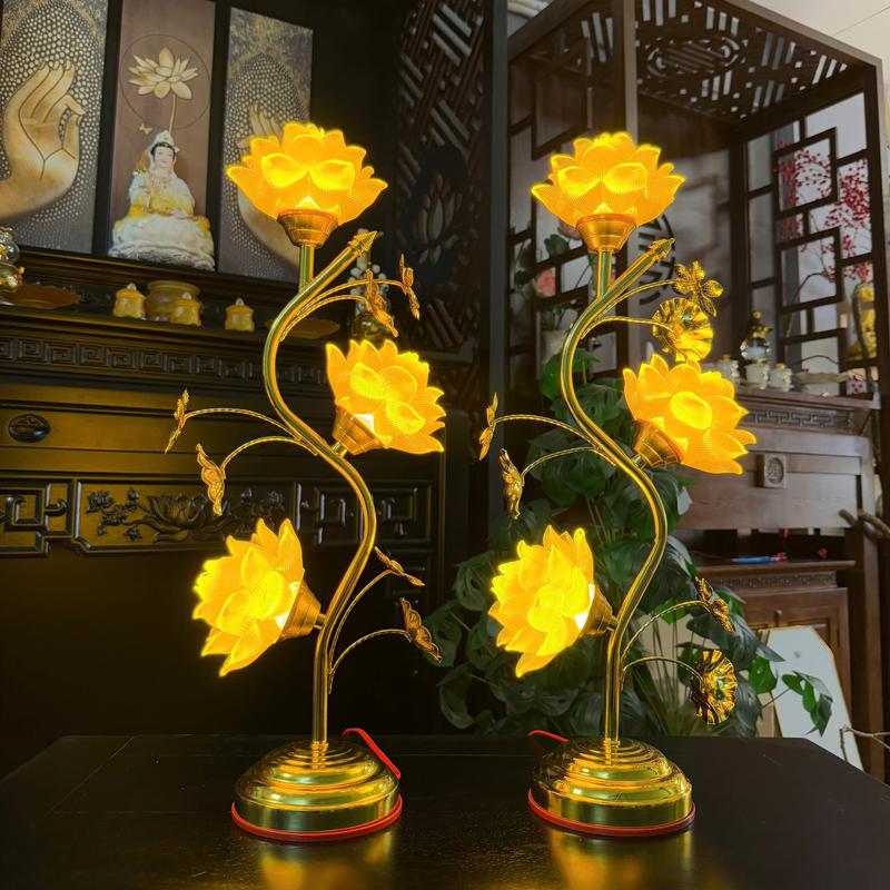 Đèn Hoa Sen Lưu Ly Thân Hợp Kim Sơn Mạ Vàng Cao 55cm 3 Bông Hoa Sen Nở 1 Đôi - Tuệ Nga