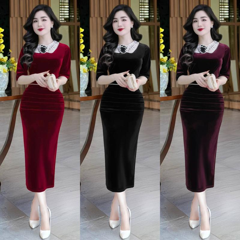[MIỄN SHIP] BST MDU3831 Váy Nhung Tuyết Hàn Phối Ren 2 Lớp - Thiết Kế Dáng Dài Ôm Body Dành Cho Nữ Women Dress