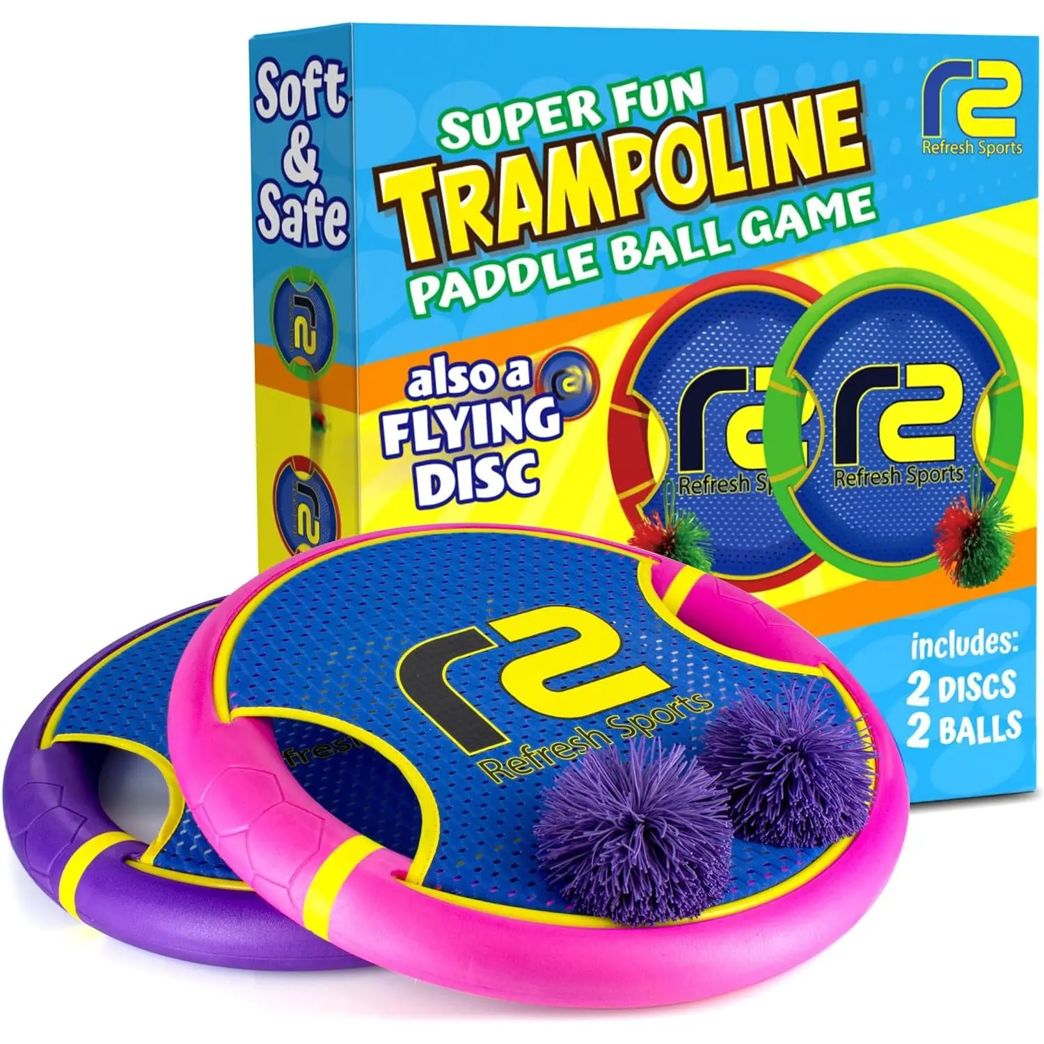 Fun Bouncy Paddle & Stringy Ball Toss & Catch Game - Easy to Use for Kids All Ages - Soft Foam Design for Safe Play Indoors or Outdoors - Also Works as Flying Disc - Great Gift Idea for Boys & Girls