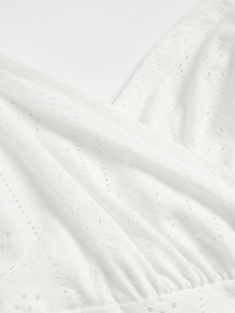Product Introduction of 【Plus Size】 Solid Eyelet Embroidery Ruffle Trim Bodysuit, Casual Wrap Bodysuit for Summer, Women's Clothes for Daily Wear 6