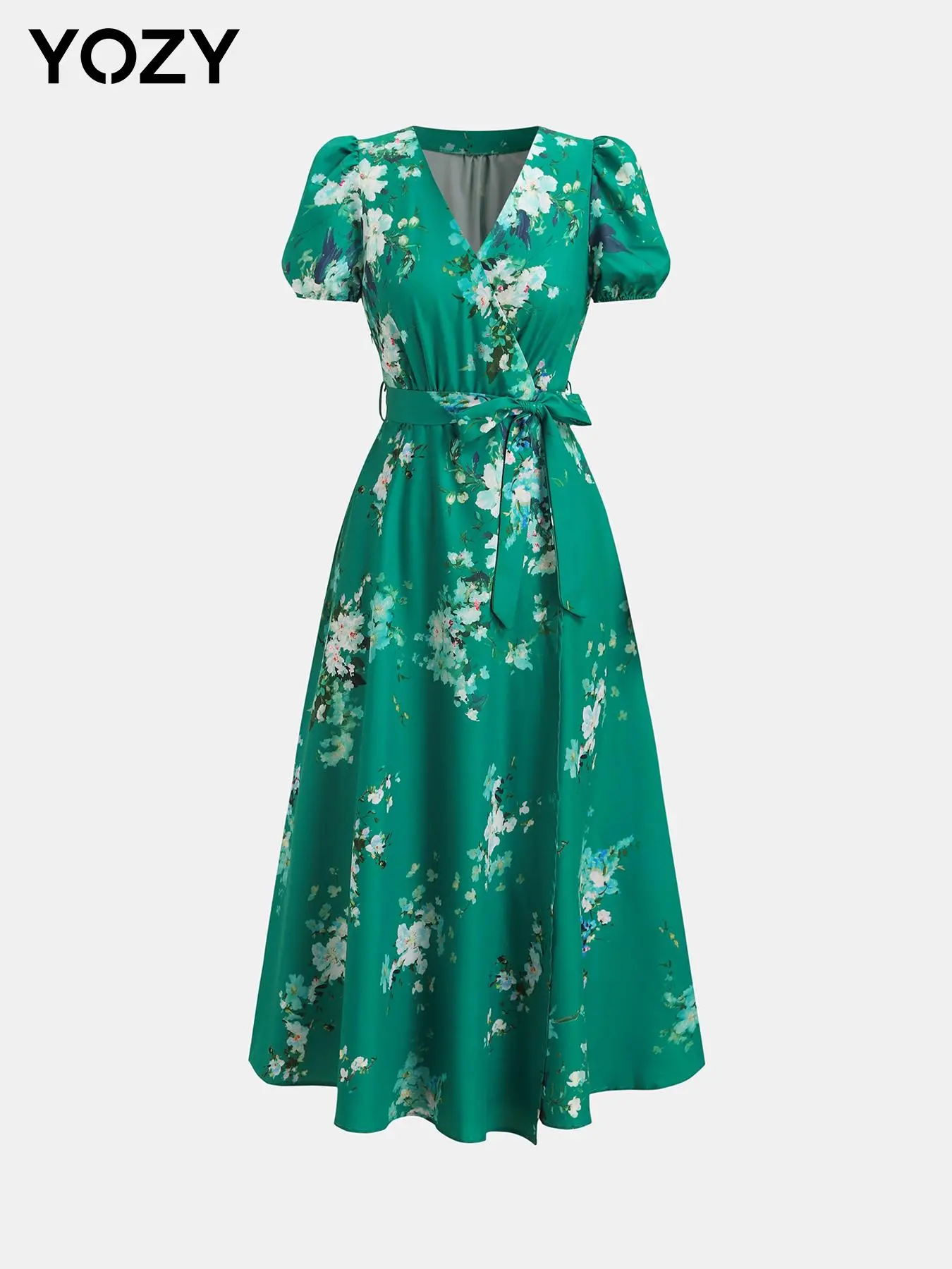 YOZY Women's Floral Print Belted Dress, Elegant Casual V Neck Short Sleeve Dress for Daily Outdoor Wear, Ladies Clothes for All Seasons, Summer Dresses