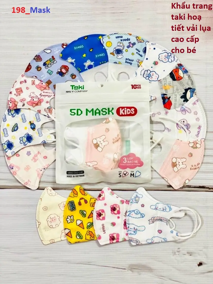 Khẩu Trang Trẻ Em 5D Vải Lụa Taki In Hình Hoạ Tiết Cho Bé Từ 1 Đến 3 Tuổi