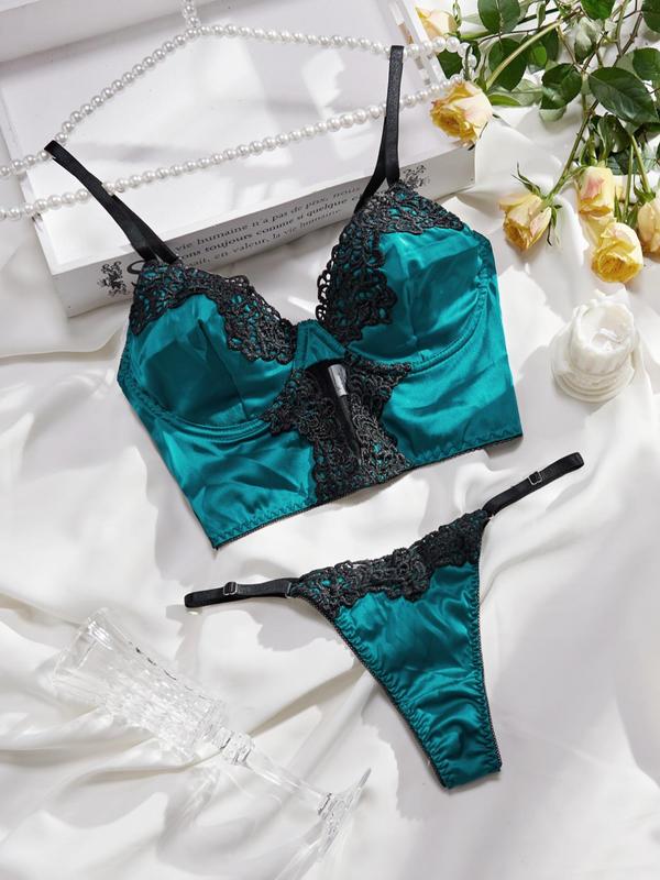 Women's Contrast Embroidery Lingerie Set & Thongs Set, Women's Underwear Set 1