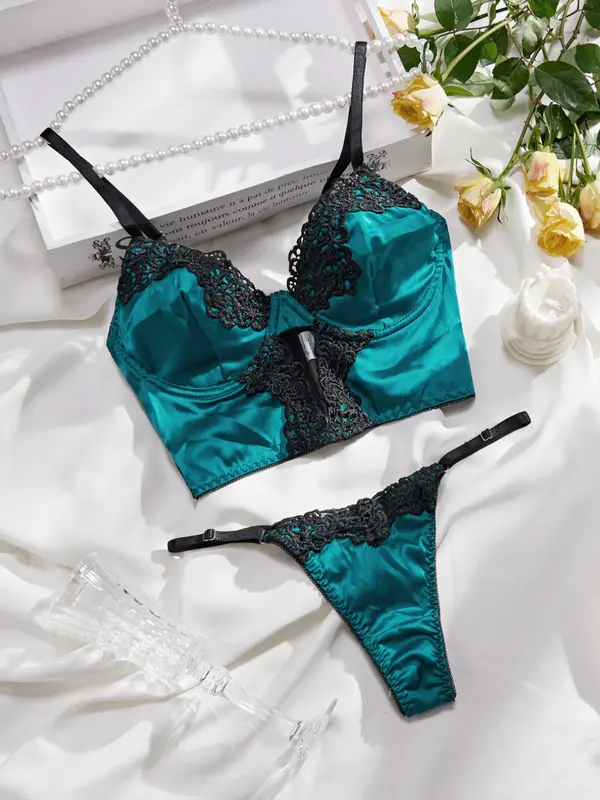 Women's Contrast Embroidery Lingerie Set & Thongs Set, Women's Underwear Set 1