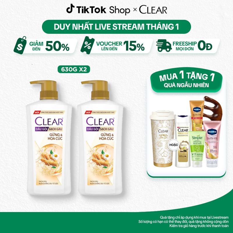   1  COMBO 2 DẦU GỘI CLEAR THẢO DƯỢC GỪNG & HOA CÚC 630G 