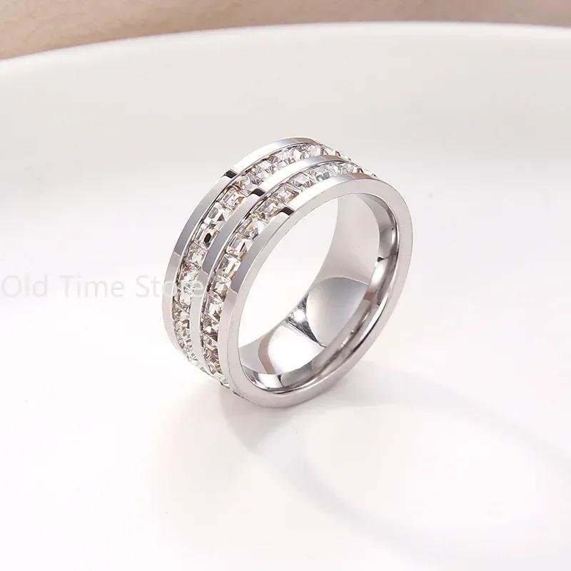 Hot Sale Double Crystal Woman Fashion Ring Rose Gold Color Filled Titanium Steel Rings for Women Female Fine Jewelry 4