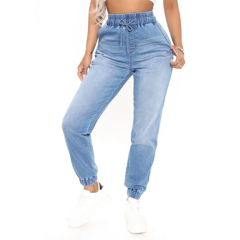 S-2XL Women Jeans Harem Mom Elastic Waist Loose Spring Summer Autumn Fashion Casual Denim Pants Streetwear Blue Black