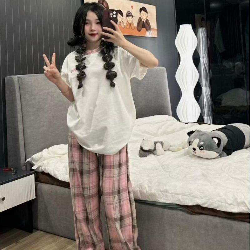 SET BỘ KẺ HỒNG In CHỮ MINMIN ĐEN TRẮNG PHONG CÁCH DỄ THƯƠNG Nữ Women Áo Voi Cotton Top 2