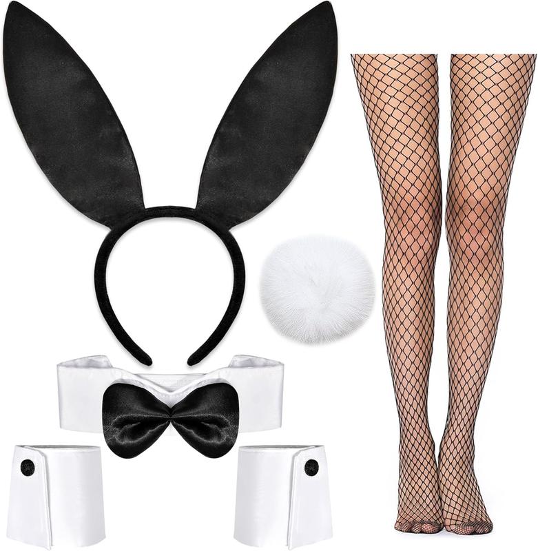 TikTok Shop 6 Bunny Costume Set Black Bunny Ears Headband Bow Tie Cuffs Rabbit Tail Mesh Tights Stockings for Halloween Costume Party