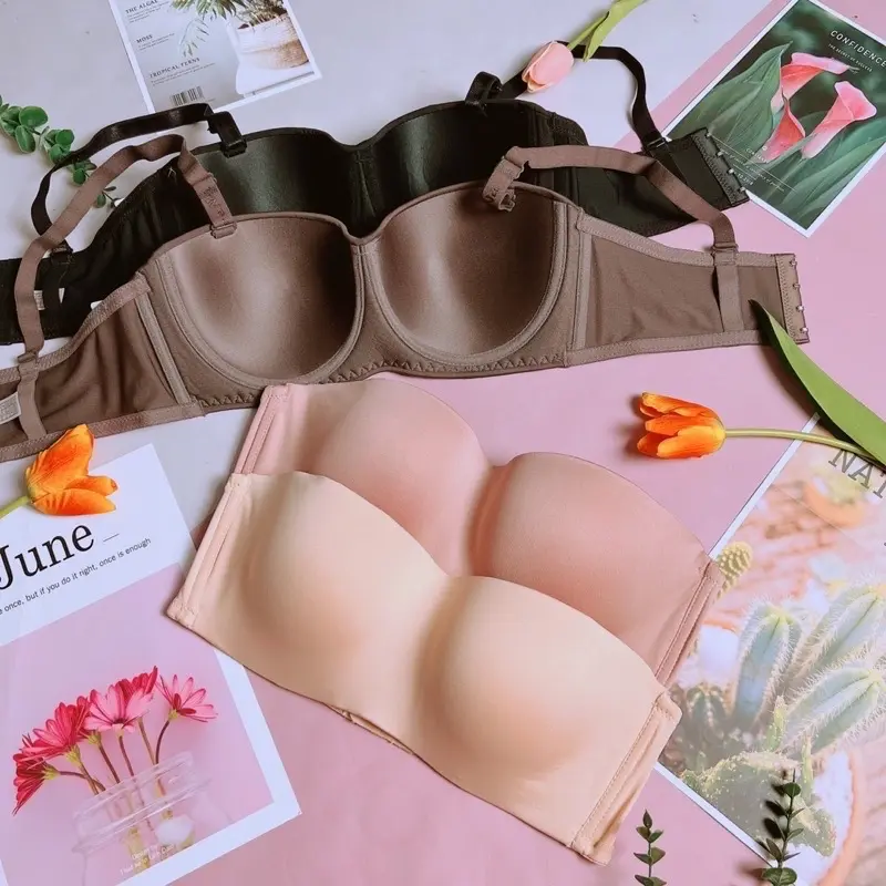 Áo lót Nữ không dây Bigsize mặc chống tuột Thái Lan Beena 2247 cup B-C(quả vừa và to) Bra có gọng, quả ngang, ko bè ngực Women Nhung Thun Kem -Tết 0