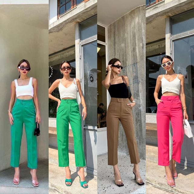 Celana Promthong BO1 7/9 High Waist Kancing Bulat Katun Tidak Stretch Bangkok Wanita 2