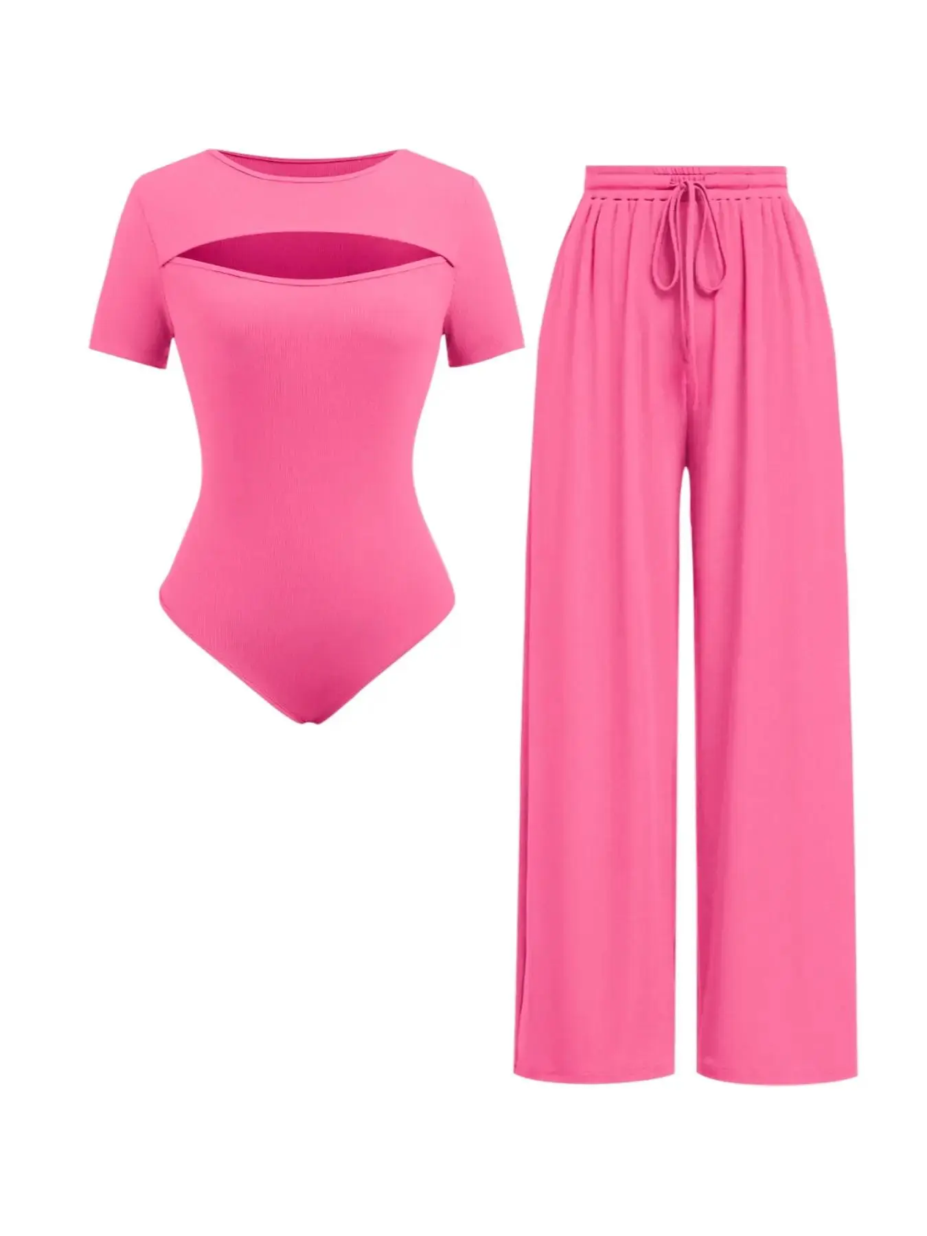 Two-Piece Set Women's Solid Ribbed Co-ords Set, Casual Cut Out Bodysuit & Drawstring Waist Wide Leg Pants, Basic Ladies Clothes for All Seasons
