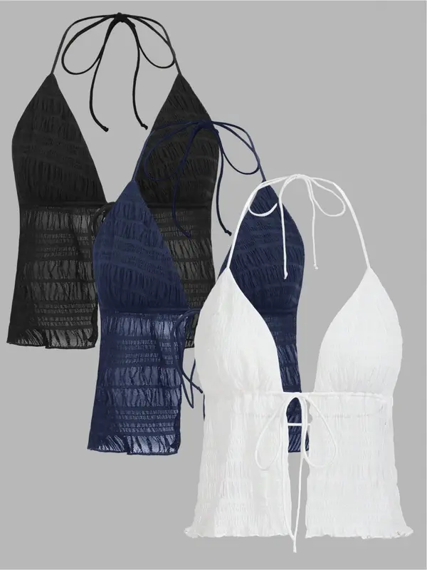 Women's Solid Color Tie Front Halter Top, Casual Backless Shirred Tie Back Sleeveless Top for Summer, Ladies Clothes for Beach Holiday Vacation 1