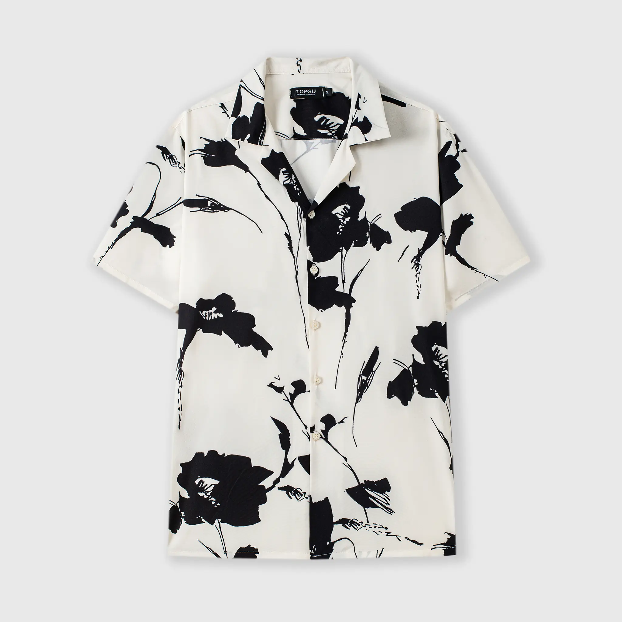 Áo sơ mi TOPGU họa tiết hoa dâm bụt Màu Kem, vải lụa thoáng mát. Menswear Nam Cổ Tròn
