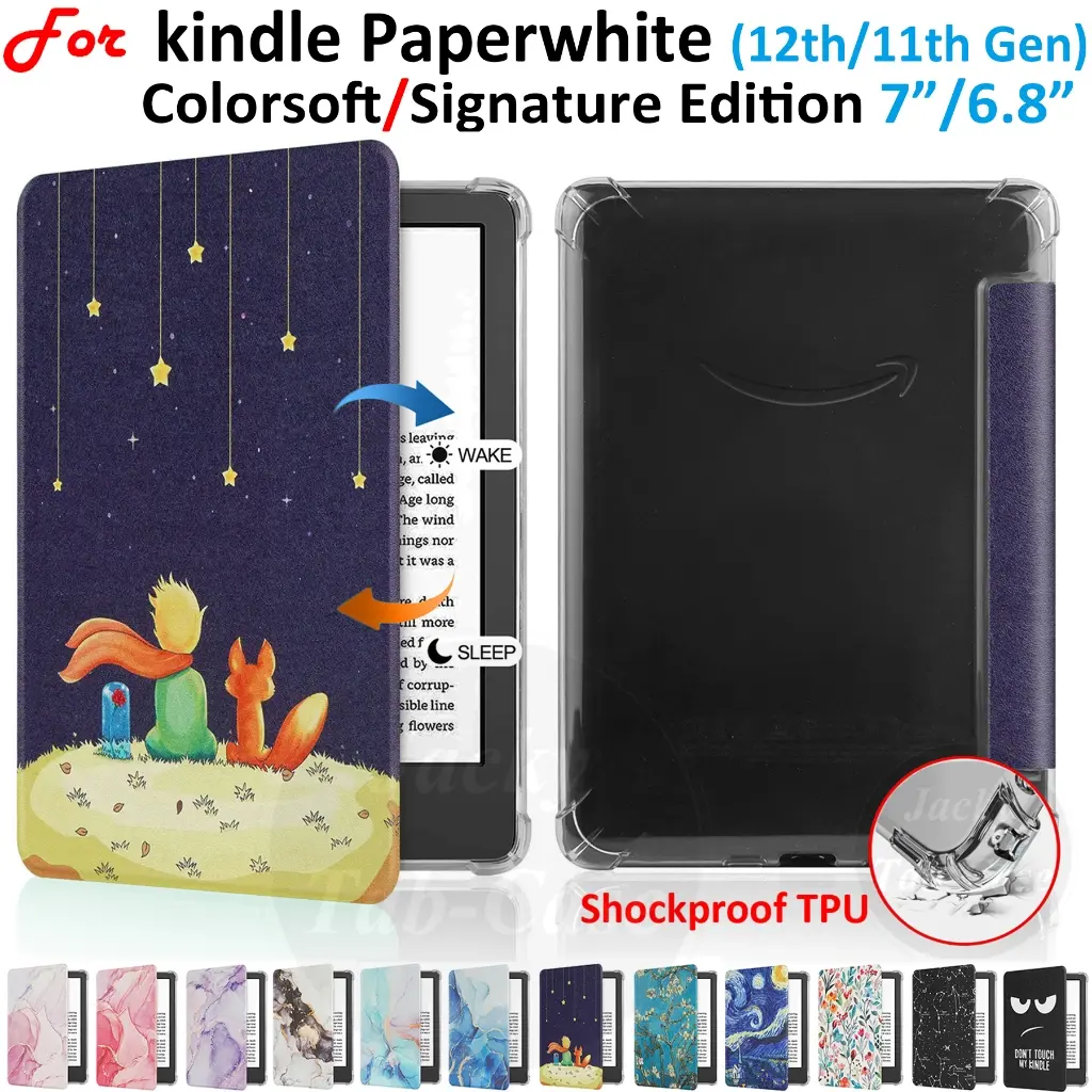 For Kindle Colorsoft Signature Edition Paperwhite 12 11 Generation 7 "6.8" E-book Pattern Leather Flip Transparent Soft TPU Case Kpw6 Gne12 Sa568b Sa568p M2l3ek M2l4ek