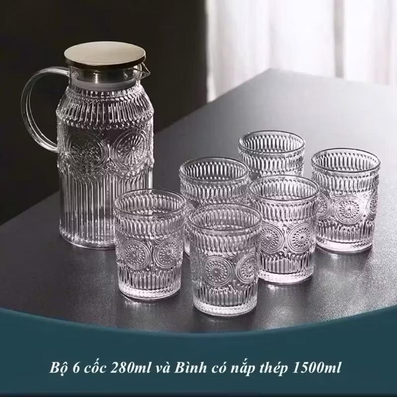 bộ 6 cốc thuỷ tinh hoa đồng tiền kèm bình 1,5lit...
