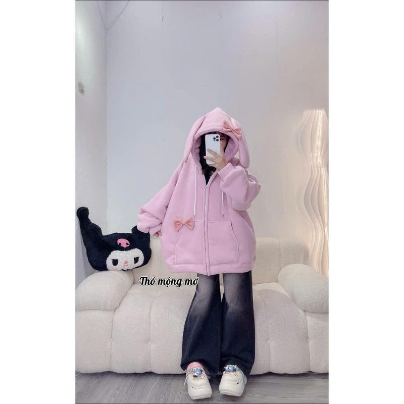 Áo hoodie nỉ tai thỏ tặng kèm nơ hồng chát nỉ tàu mũ trùm siêu xinh 1