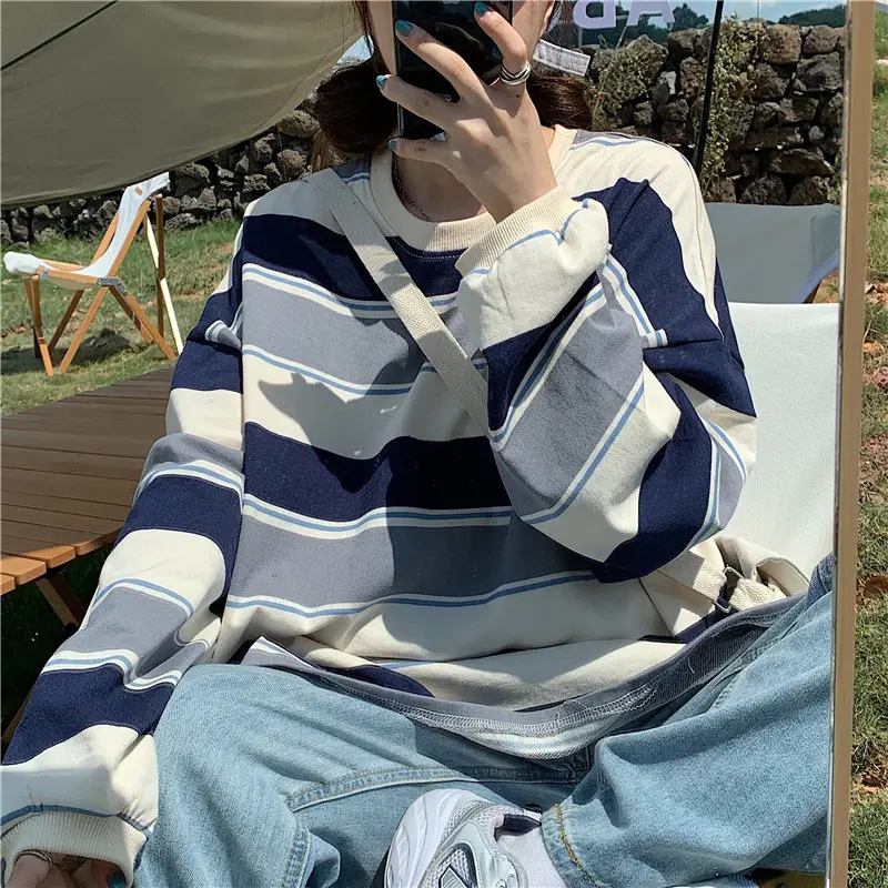 Áo Hoodie Kẻ Sọc Cổ Điển Phong Cách Hàn Quốc, Bộ Sưu Tập Mùa Thu, Thiết Kế Tối Giản, Áo Nỉ Nữ Cổ Tròn Mới, SS24