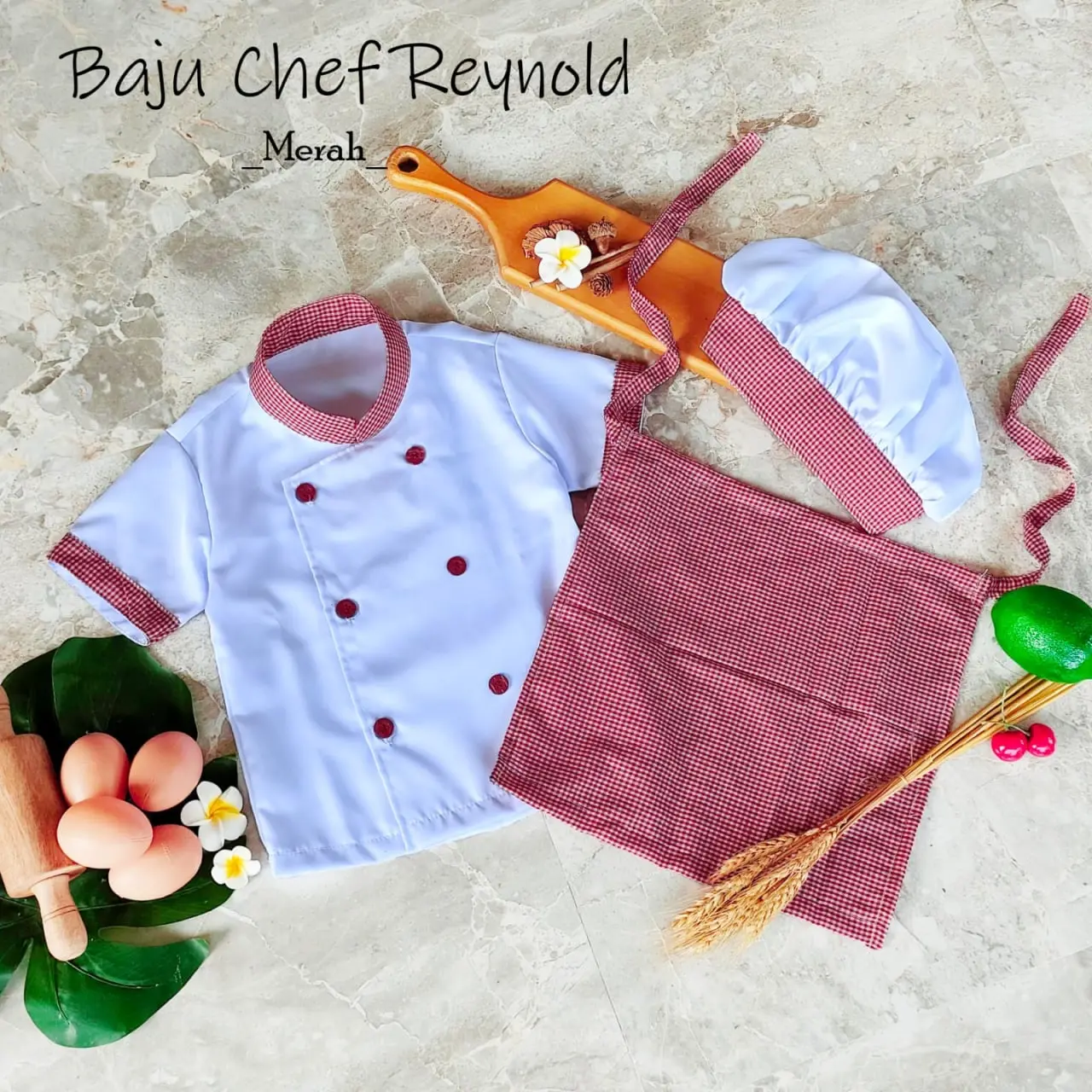 Reynold Baju Chef Kostum Profesi Anak dan Bayi Bahan Drill Texas Apron Katun Kotak Free Topi Pre Order 2-3 Hari