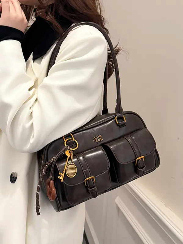Women's Retro Solid Color PU Leather Shoulder Bag, Large Capacity Crossbody Bag with Detachable Accessory Charm, Casual Trendy Versatile High-quality Daily Commuting Bag 8