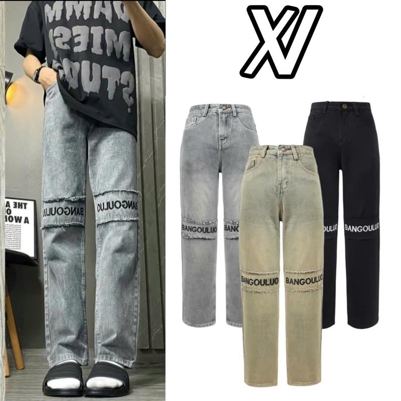 quần suông ống rộng jean thêu chữ màu bụi retro Nam Menswear Nam Menswear Pants Ong Có Túi regular fit jeans