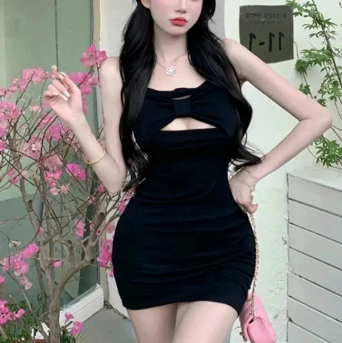 [Jennie - BLACKPINK] Women's Dress Bow Hollowed Out Slim Sexy Sleeveless Summer Solid Color 1