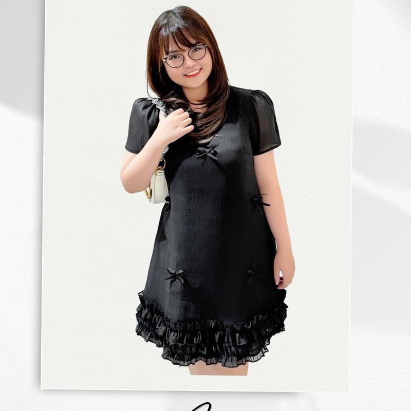 Đầm suông nhún bèo 2 tầng, váy đầm suông tay bồng 2 lớp chất liệu tơ cao cấp Lasime Clothes Nữ Women 2