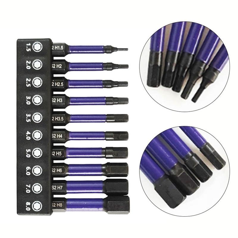 Set Bit Pemutar Skru Kepala Hex Magnetik, 10 Keping, Bit Pemutar Skru Batang 1 / 4, Julat Saiz: H1.5-H6 4
