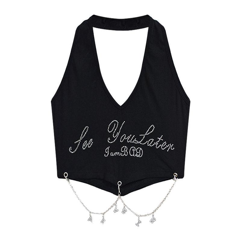 Áo Vest Cổ Yếm Chữ Cái, Dễ Thương Và Gợi Cảm, Dây Đeo Nhỏ, Dành Cho Phụ Nữ, Thích Hợp Cho Mùa Hè, Bó Sát, Hở Lưng Bên Trong, Không Tay, Áo Ngắn, Áo Mặc Bên Ngoài Top Women Màu Đen 0